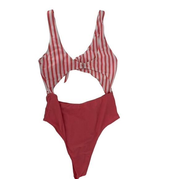 One Piece Swimsuit Cut Out Pink White Stripe V Neck Size M Preppy Swim Beach - Picture 3 of 8